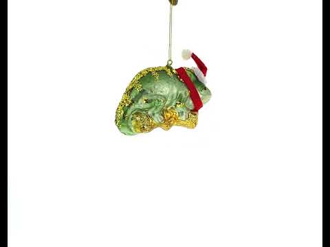 Chameleon in Santa Hat Glass Christmas Ornament