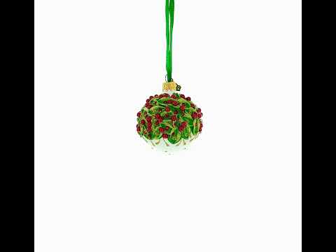 Red Pearls and Poinsettia Flowers on Glossy White Glass Ball Christmas Ornament 2.4 Inches