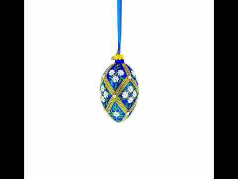 White Pearl Flowers on Blue Glass Egg Ornament 4 Inches
