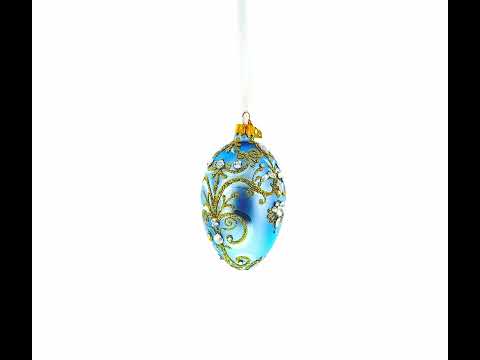 Elegant Blue and Gold Jeweled Glass Egg Ornament 4 Inches