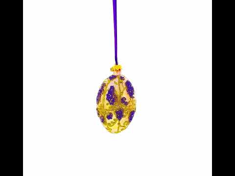 Golden Amber with Lavender Blossoms Beaded Glass Egg Ornament 4 Inches