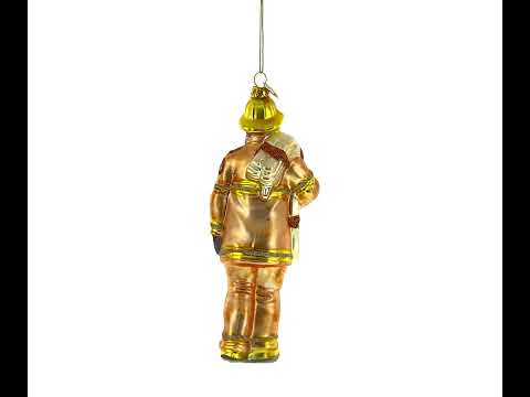 Heroic Fireman with Hose Glass Christmas Ornament