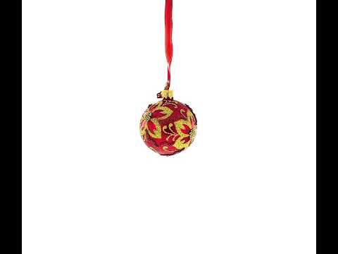 Gold Glitter Floral Scrolls and Beaded Petals on Red Glass Ball Christmas Ornament