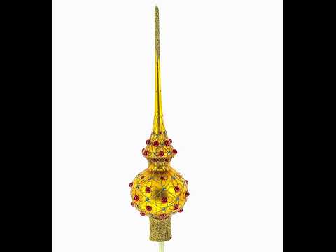 Red Jewels on Gold Geometrical Glass Christmas Tree Topper 11 Inches