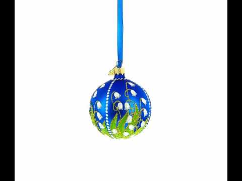 Lilies of the Valley on Blue Glass Ball Christmas Ornament 3.25 Inches