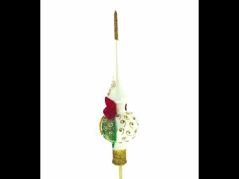 Bow and Bells on White Glass Christmas Tree Topper 11 Inches