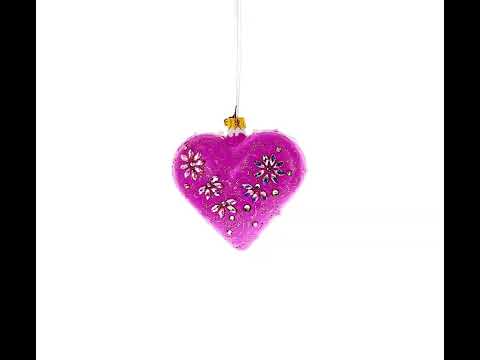 Pink Jeweled Blossom Glass Heart Ornament