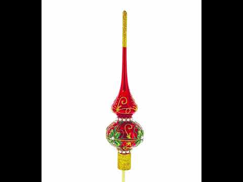 Green & Gold Glitter with Pearls & Floral Accents Glossy Red Glass Christmas Tree Topper 11 Inches