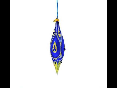 Royal Blue and Gold Jeweled Elongated Pointed Teardrop Finial Glass Christmas Ornament