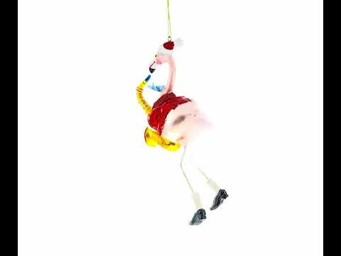 Flamingo Playing Saxophone Glass Christmas Ornament