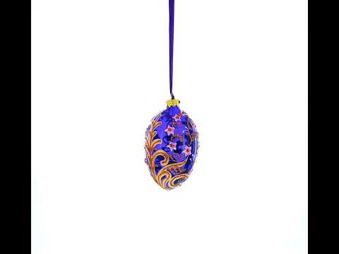 Cobalt Blue Floral Design with Pink Blossoms & Gold Glitter Scrollwork Glass Egg Ornament 4 Inches