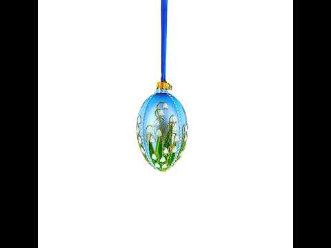 Lily of the Valley on Frosted Blue Egg Glass Ornament 4 Inches