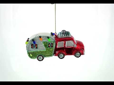 Bear Behind the Wheel of a Camper Glass Christmas Ornament