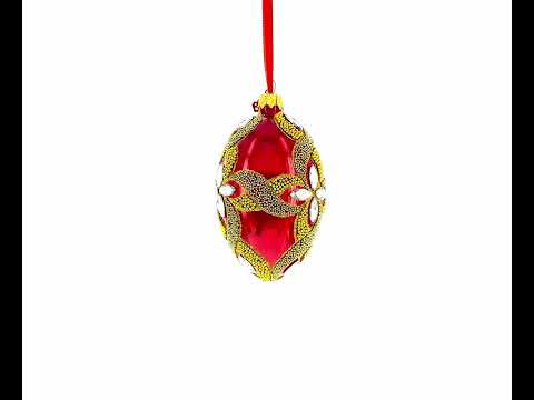 Estrella de diamante sobre adorno de huevo de cristal rojo de 4 pulgadas