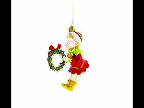 Merry Elf with Wreath Glass Christmas Ornament