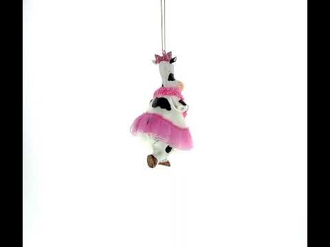 Dancing Cow in Pink Glass Christmas Ornament