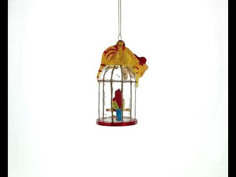 Cat on Parrot Bird Cage Glass Christmas Ornament