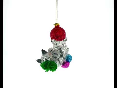 Kitten Tangled in Yarn Balls Glass Christmas Ornament