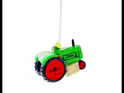 Green Tractor with Crop Barrels Glass Christmas Ornament