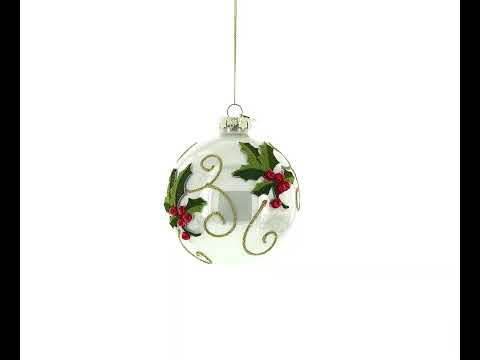Holly Leaves and Gold Swirls Glass Ball Christmas Ornament
