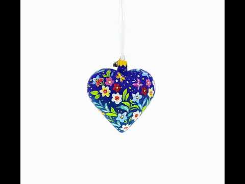 Blue Folk Art Whimsical Doves & Flowers Heart Glass Ornament