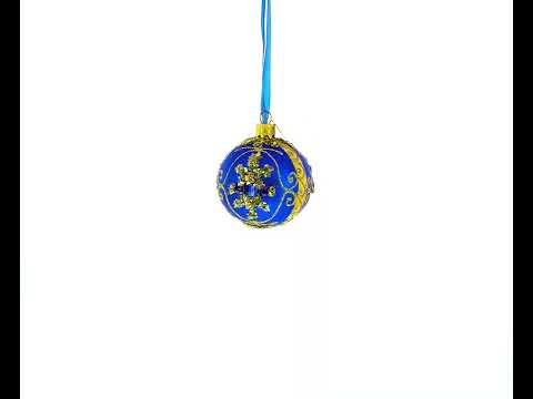 Gold Glitter Scrolls and Blue Gem Snowflake on Royal Blue Glass Ball Christmas Ornament