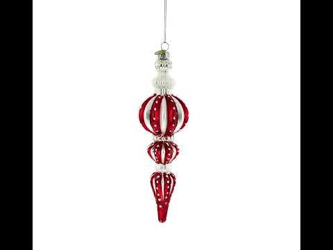 Red and Silver with Polka Dots Striped Glass Finial Christmas Ornament