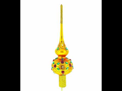Multicolored Jewels on Gold Glass Christmas Tree Topper 11 Inches