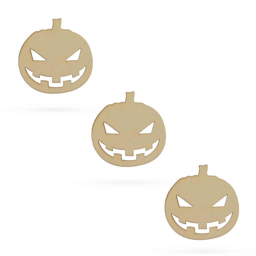 3 Pumpkin Faces Jack-o-lanterns Unfinished Wooden Shapes Craft Cutouts DIY 3D Plaques 4 Inches in Beige color