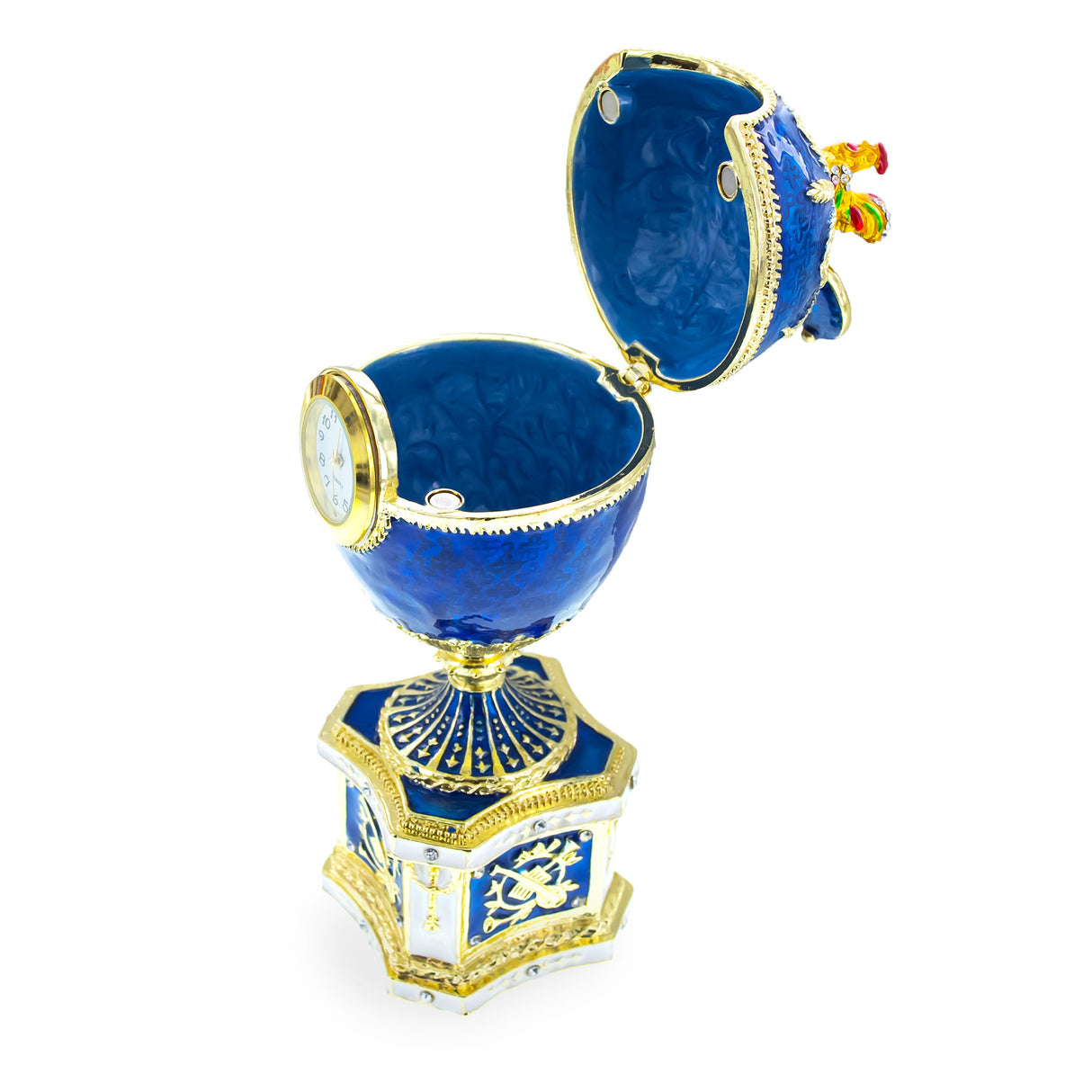 1904 Kelch Chanticleer Blue Enamel Royal Imperial Easter Egg with Clock ,dimensions in inches: 6.4 x 6.59 x 3.2