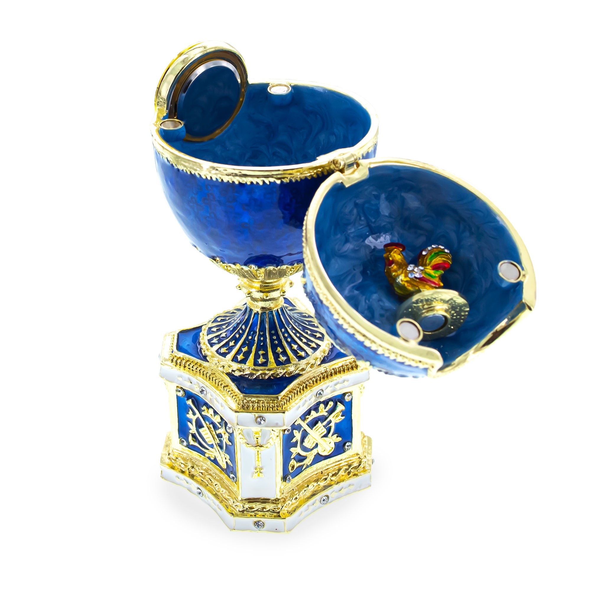 Shop 1904 Kelch Chanticleer Blue Enamel Royal Imperial Easter Egg with Clock. Buy Royal Royal Eggs Imperial Blue   for Sale by Online Gift Shop BestPysanky Faberge replicas Imperial royal collectible Easter egg decorative Russian inspired style jewelry trinket box bejeweled jeweled enameled decoration figurine collection house music box crystal value for sale real