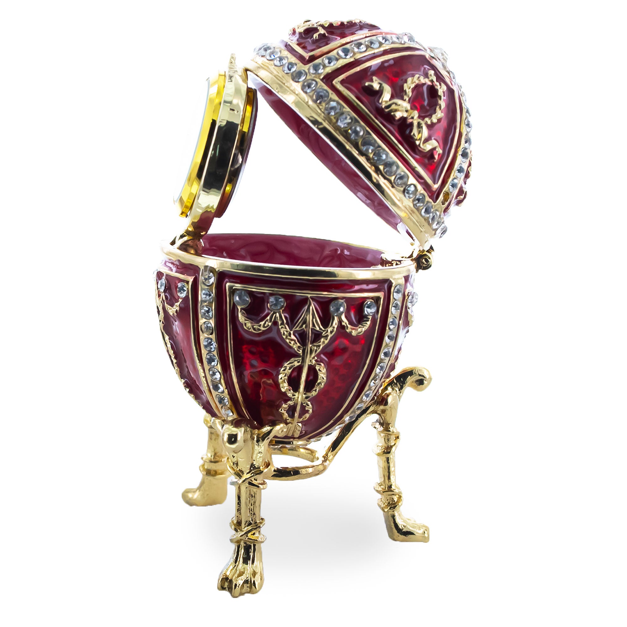 Shop 1895 Rosebud Royal Imperial Easter Egg with Clock Surprise. Buy Royal Royal Eggs Imperial Red Oval  for Sale by Online Gift Shop BestPysanky Faberge replicas Imperial royal collectible Easter egg decorative Russian inspired style jewelry trinket box bejeweled jeweled enameled decoration figurine collection house music box crystal value for sale real