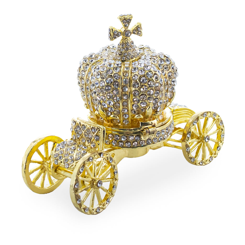 Pewter Crystal Coach Crown Jewelry Trinket  Box Figurine in Gold color
