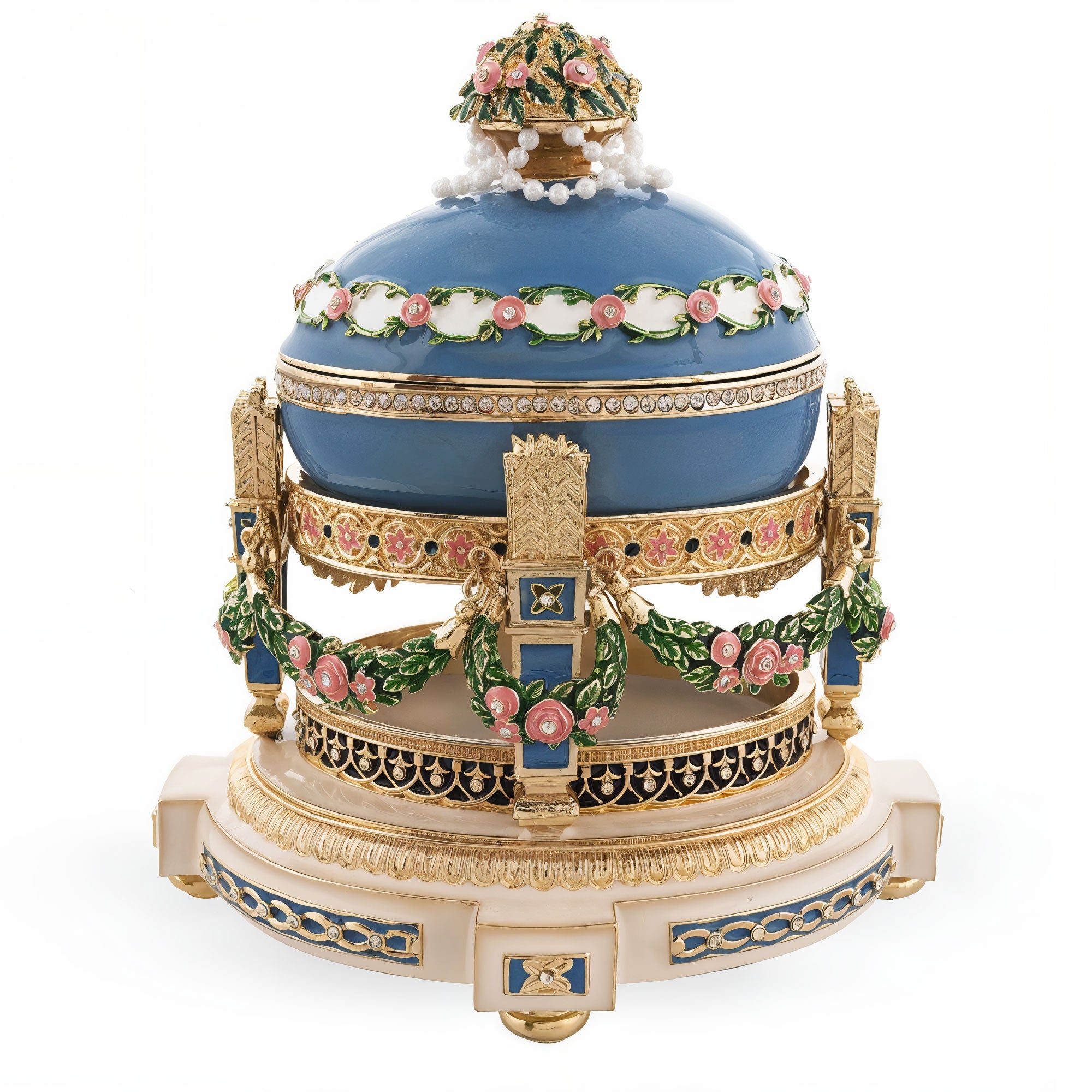 1907 Love Trophies Egg (Cradle with Garlands) Musical Royal Easter Egg in Blue color