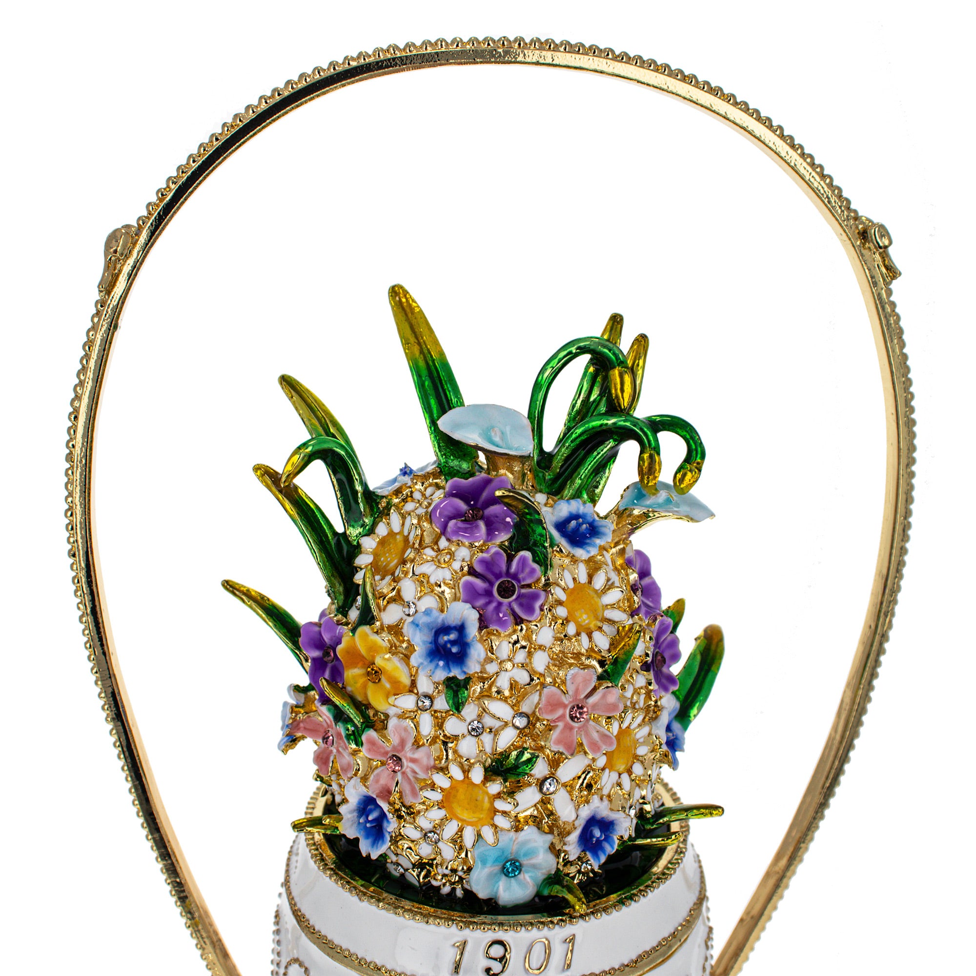 1901 Basket of Flowers Royal Imperial Easter Egg , dimensions in inches: 8.8 x 4.9 x 4.9