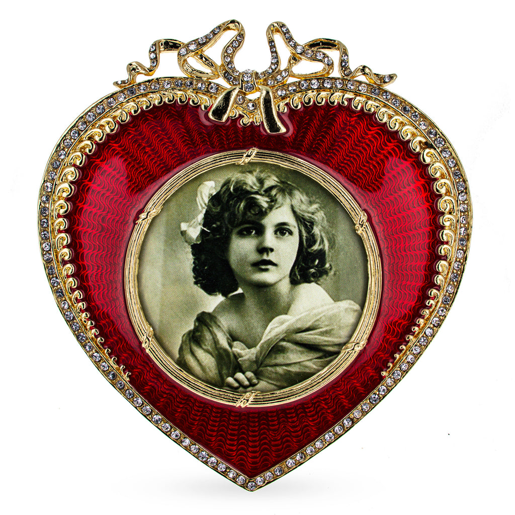 Pewter Red Heart Enameled Guilloche Royal Picture Frame in Red color Heart
