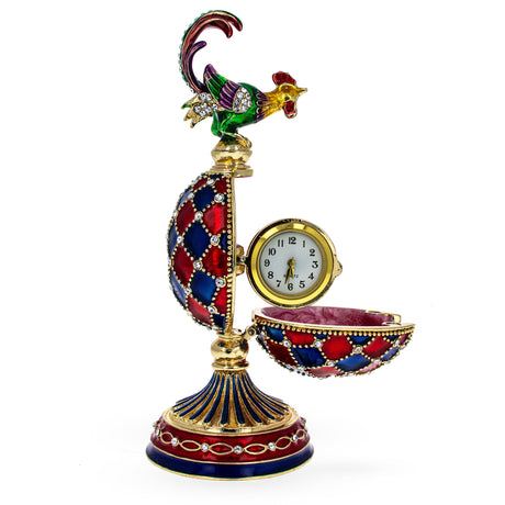 Rooster with the Surprise Clock Royal Inspired Easter Egg in Red color,  shape