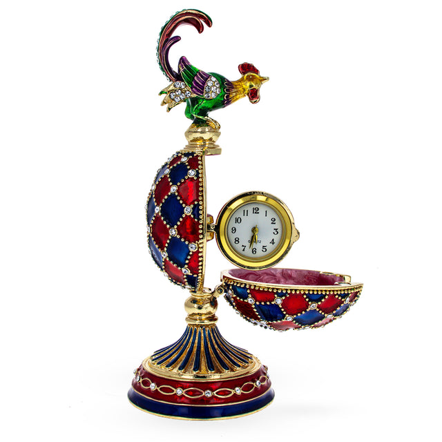 Pewter Rooster with the Surprise Clock Royal Inspired Easter Egg in Red color