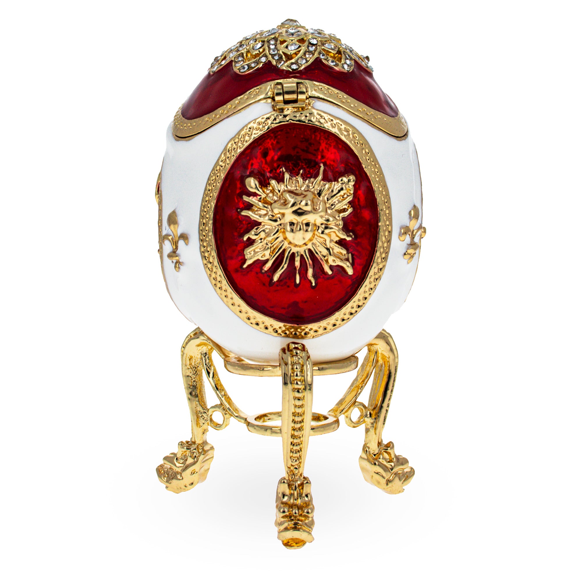 Fleur-de-lis on Red and White Royal Inspired Imperial Easter Egg , dimensions in inches: 3.47 x 1.82 x 1.82