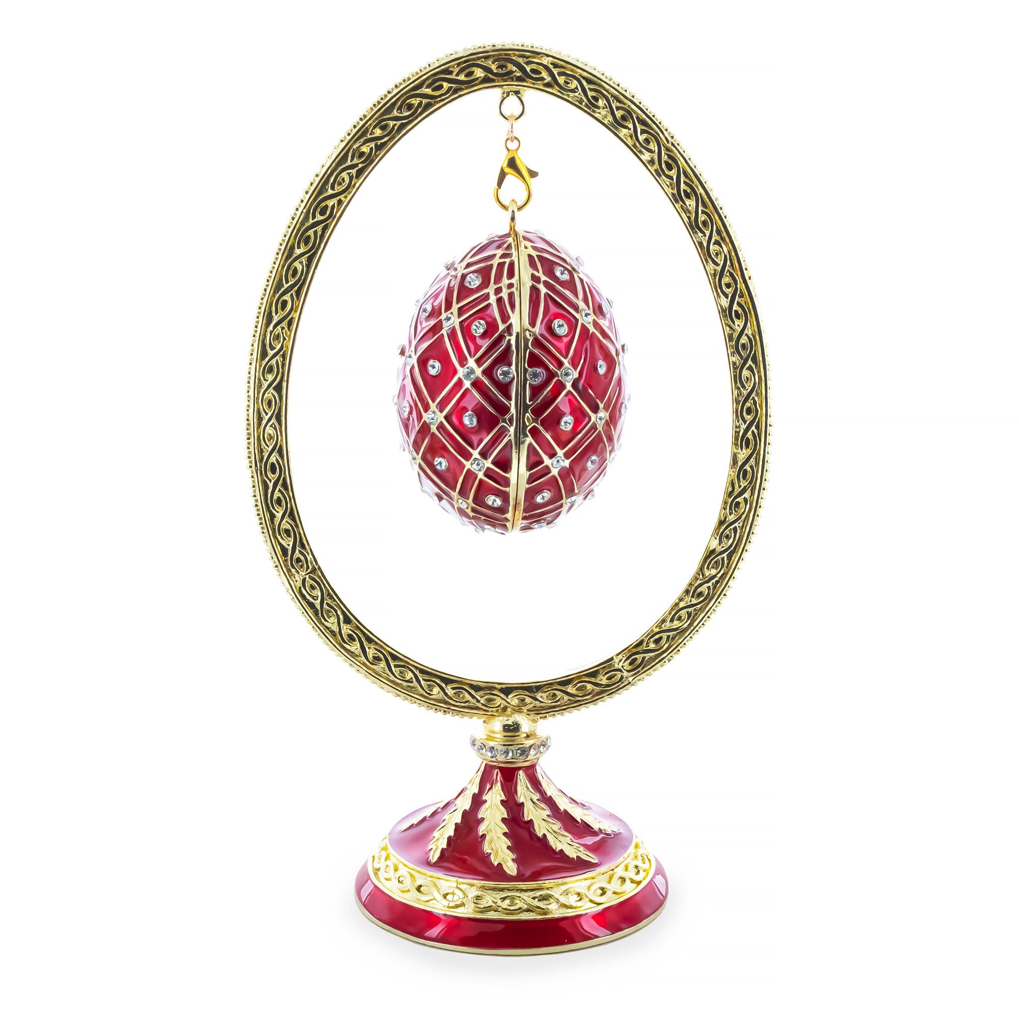 Red Enamel Jeweled Easter Egg in the Egg Shaped Display Holder Figurine in Red color Oval