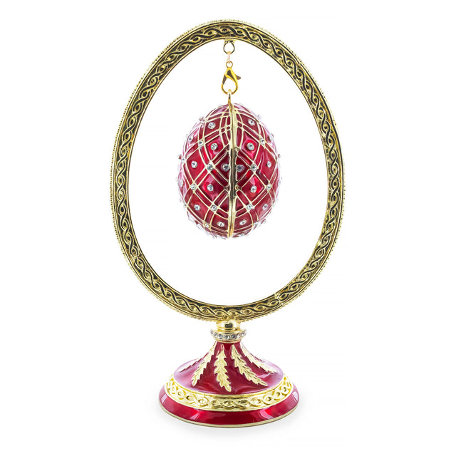 Red Enamel Jeweled Easter Egg in the Egg Shaped Display Holder Figurine in Red color Oval