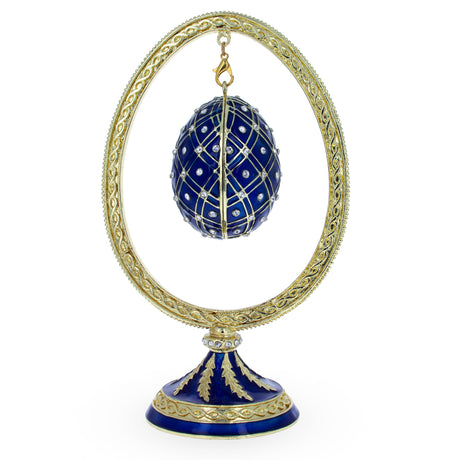 Blue Enamel Jeweled Easter Egg in the Egg Shaped Display Holder Figurine in Blue color, Oval shape