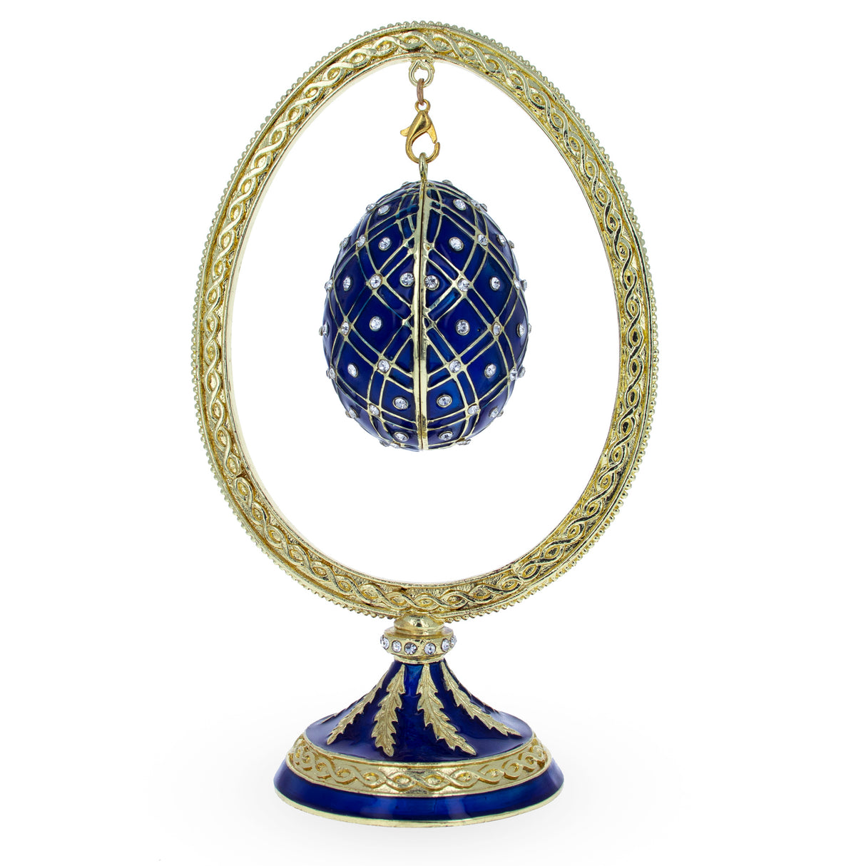 Pewter Blue Enamel Jeweled Easter Egg in the Egg Shaped Display Holder Figurine in Blue color Oval
