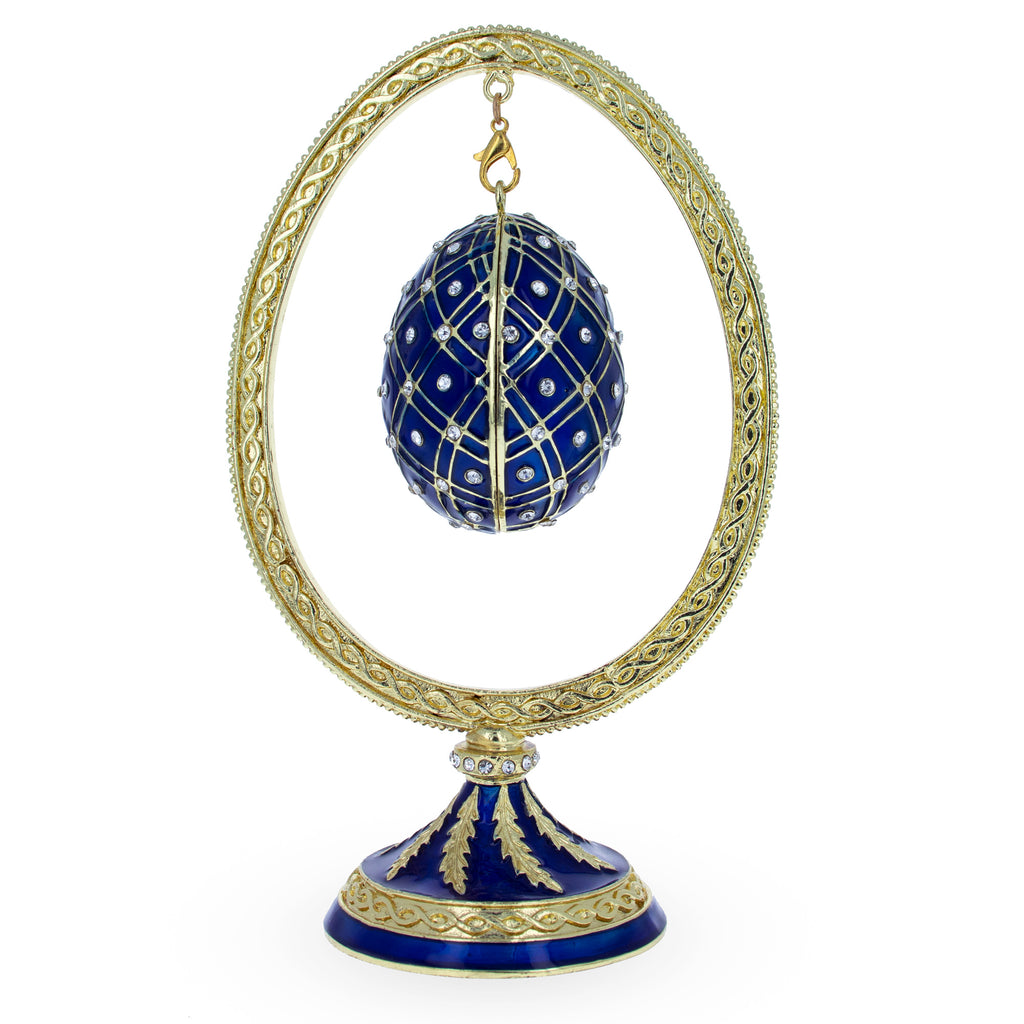 Blue Enamel Jeweled Easter Egg in the Egg Shaped Display Holder Figurine in Blue color Oval
