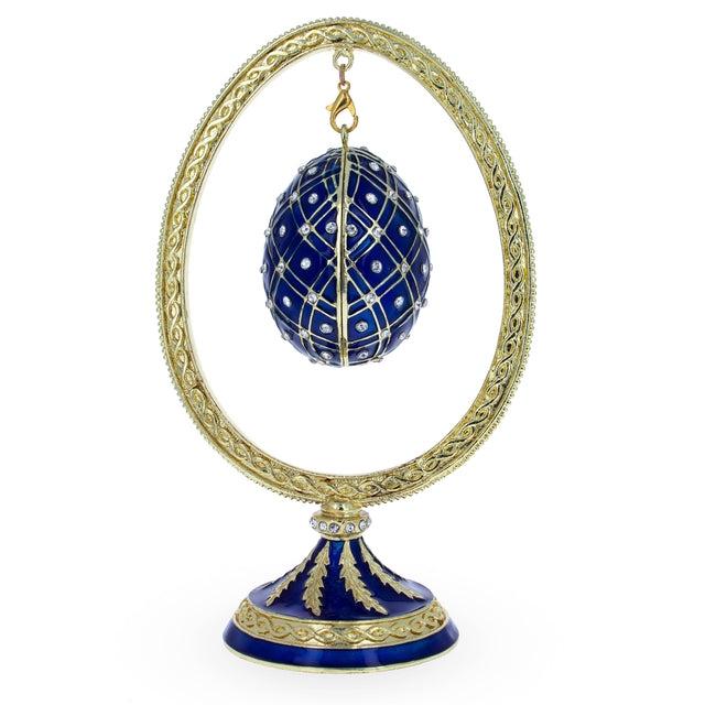 Blue Enamel Jeweled Easter Egg in the Egg Shaped Display Holder Figurine in Blue color Oval