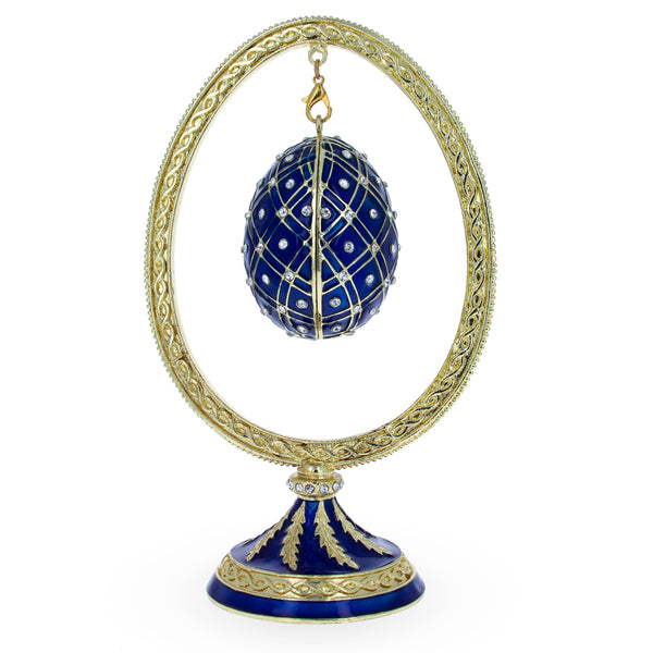 Blue Enamel Jeweled Easter Egg in the Egg Shaped Display Holder Figurine by BestPysanky