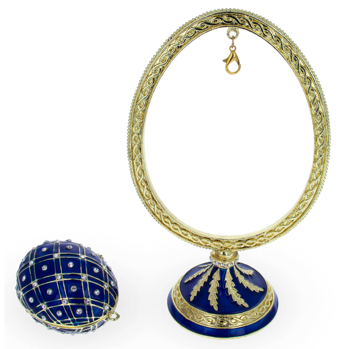 Blue Enamel Jeweled Easter Egg in the Egg Shaped Display Holder Figurine ,dimensions in inches: 5.6 x  x 3.4