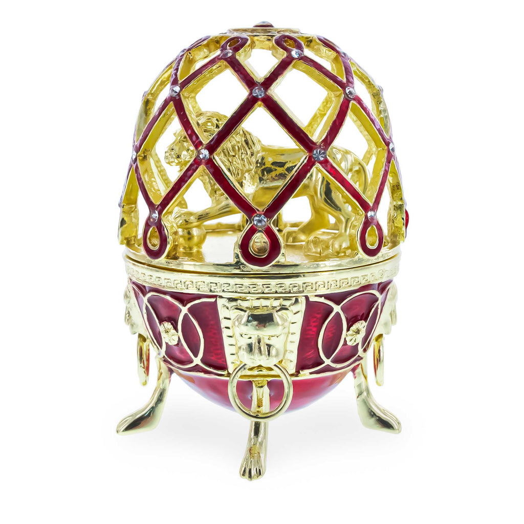 Golden Lion in the Jeweled Cage Egg Figurine in Red color Oval