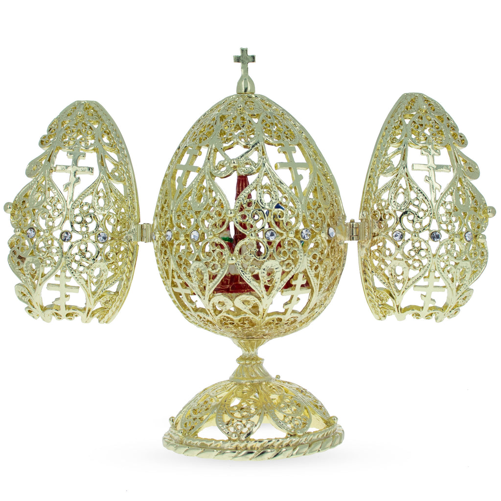 Pewter Bejeweled Orthodox Church Easter Egg Golden Figurine in Gold color Oval