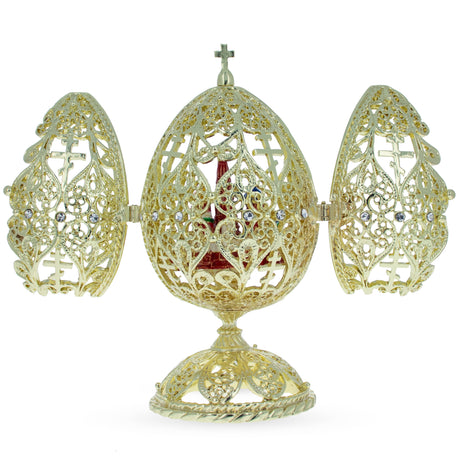 Bejeweled Orthodox Church Easter Egg Golden Figurine in Gold color, Oval shape